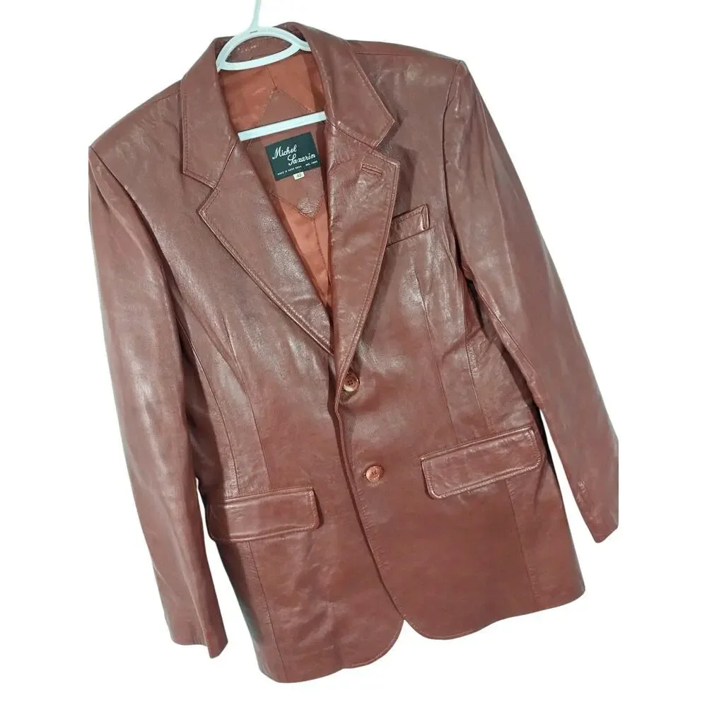 MICHEL SAZARIN! GORGEOUS BURGUNDY BROWN/RED GENUINE LEATHER JACKET BLAZER! SZ 42